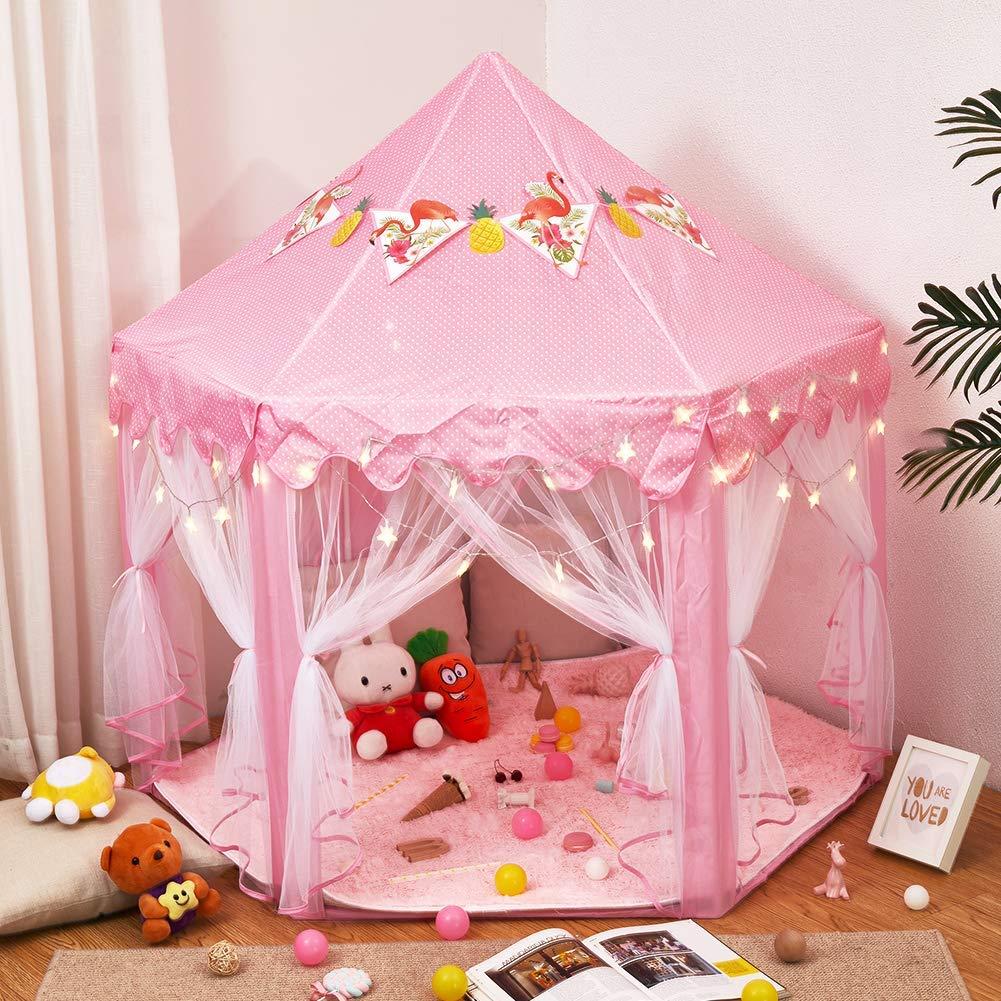 Twinkle Star 55"x 53" Princess Play Castle Tent with Ultra Soft Rug for Girls Playhouse Include Star String Lights and Banners Decor, Princess Tent, Kids Game House for Indoor Outdoor Game, Pink