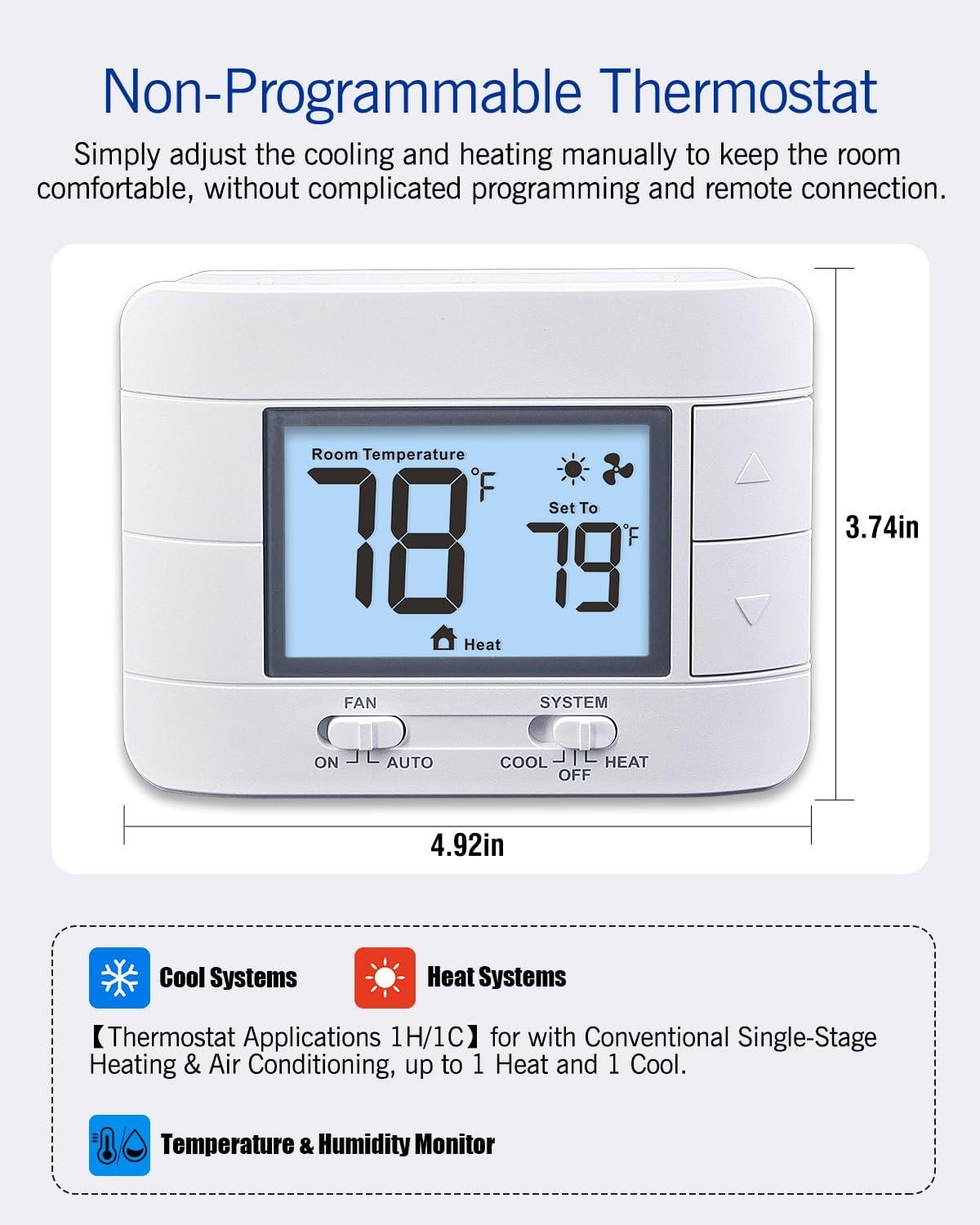 Non Programmable Thermostat for Home 1 Heat/ 1 Cool Single-Stage System, with Room Temperature Monitor (LCD White Backlit Screen)