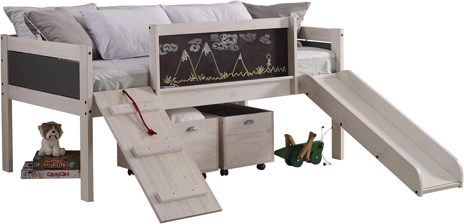 White Wash Pine Twin Loft Bed with Toy Boxes and Slide