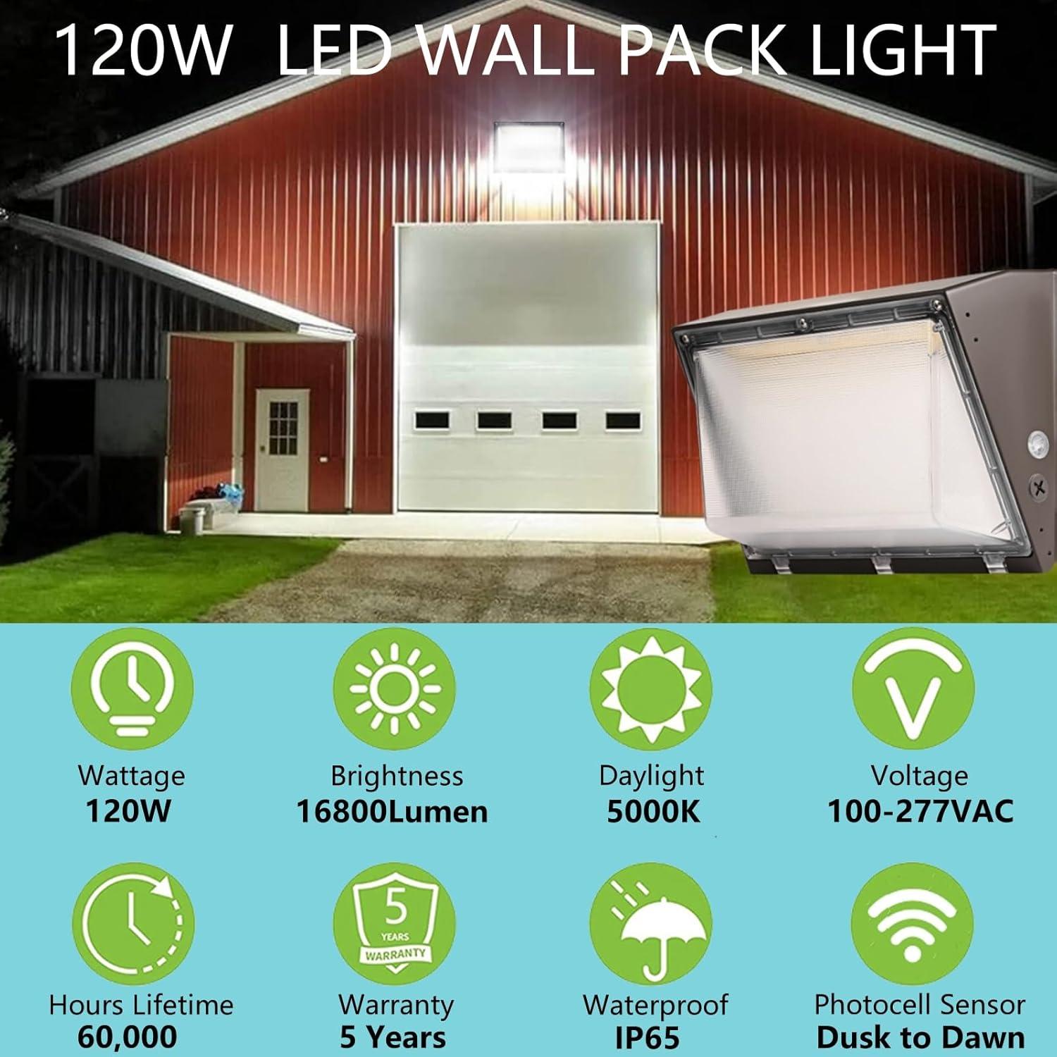 120W LED Wall Pack Light Fixture with Dusk to Dawn, 5000K Daylight Commercial Outdoor Lighting, 0-10V Dimmable 16800LM 600-800W HPS/HID Equiv., UL/DLC Waterproof LED Flood Security Light for Warehouse