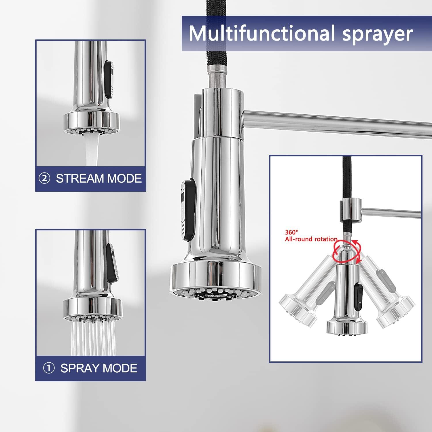 VOTON Chrome Kitchen Faucets with Pull Out Sprayer Commercial Spring Sink Faucet Stainless Steel Pull Down Single Handle Farmhouse faucets with Deck Plate for Camper Laundry Utility Rv Wet Bar