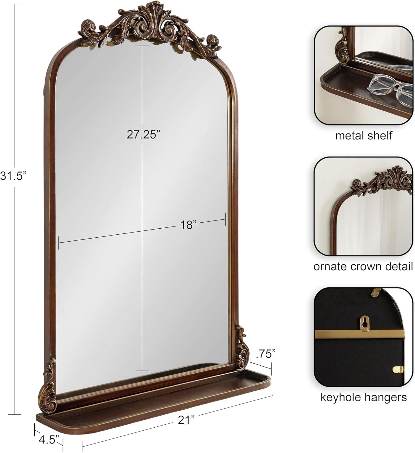 Kate & Laurel All Things Decor 21"x32" Arendahl Traditional Arch Mirror with Shelf Bronze: Elegant Wall-Mounted Metal Frame