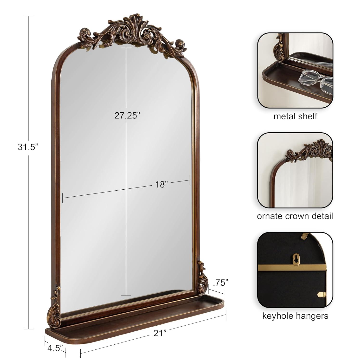 Kate & Laurel All Things Decor 21"x32" Arendahl Traditional Arch Mirror with Shelf Bronze: Elegant Wall-Mounted Metal Frame