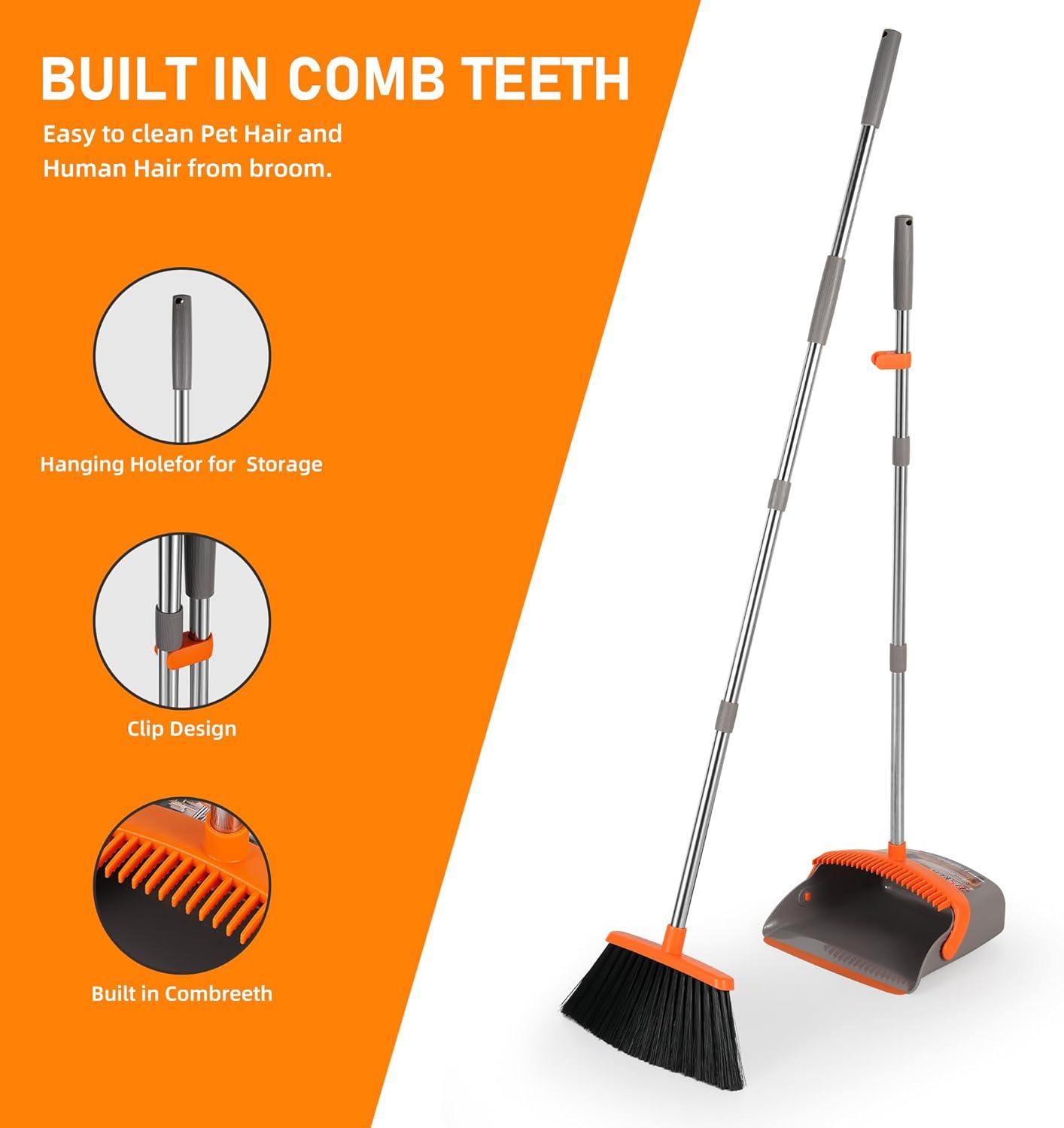 Heavy-Duty Broom and Dustpan Set for Outdoor Broom and Dust pan for Home Commercial Cleaning Supplies Angle Broom with Long Handle Perfect for Courtyard Garage Lobby Mall Market Street, B6