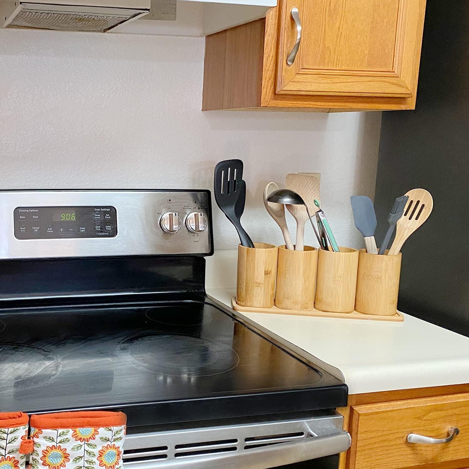 Bamboo Polished Utensil Caddy with Tray