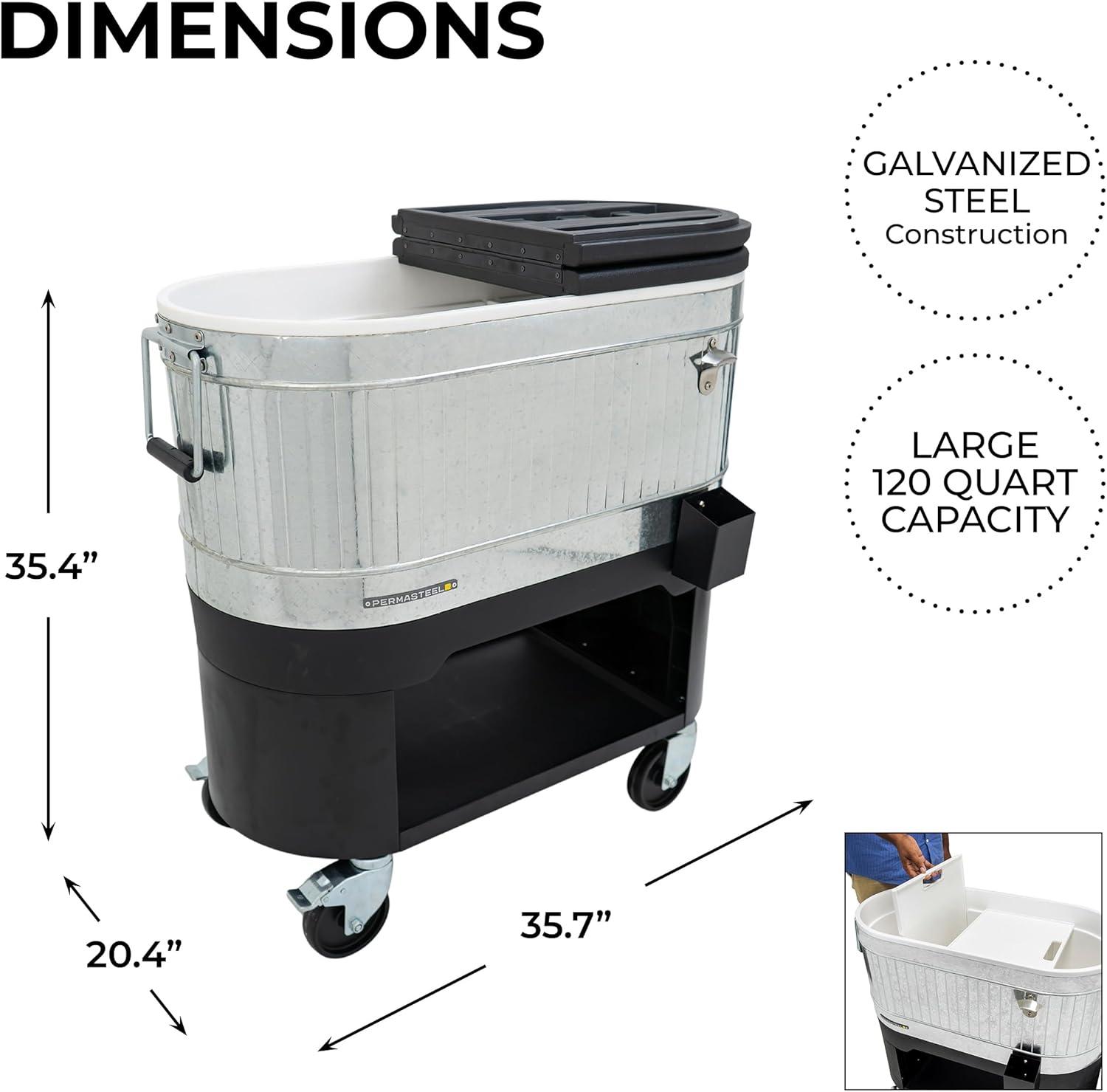 Permasteel 120-Qt Large Outdoor Cooler Cart on Wheels, Rolling Patio Cooler with Dividers for Separate Compartments