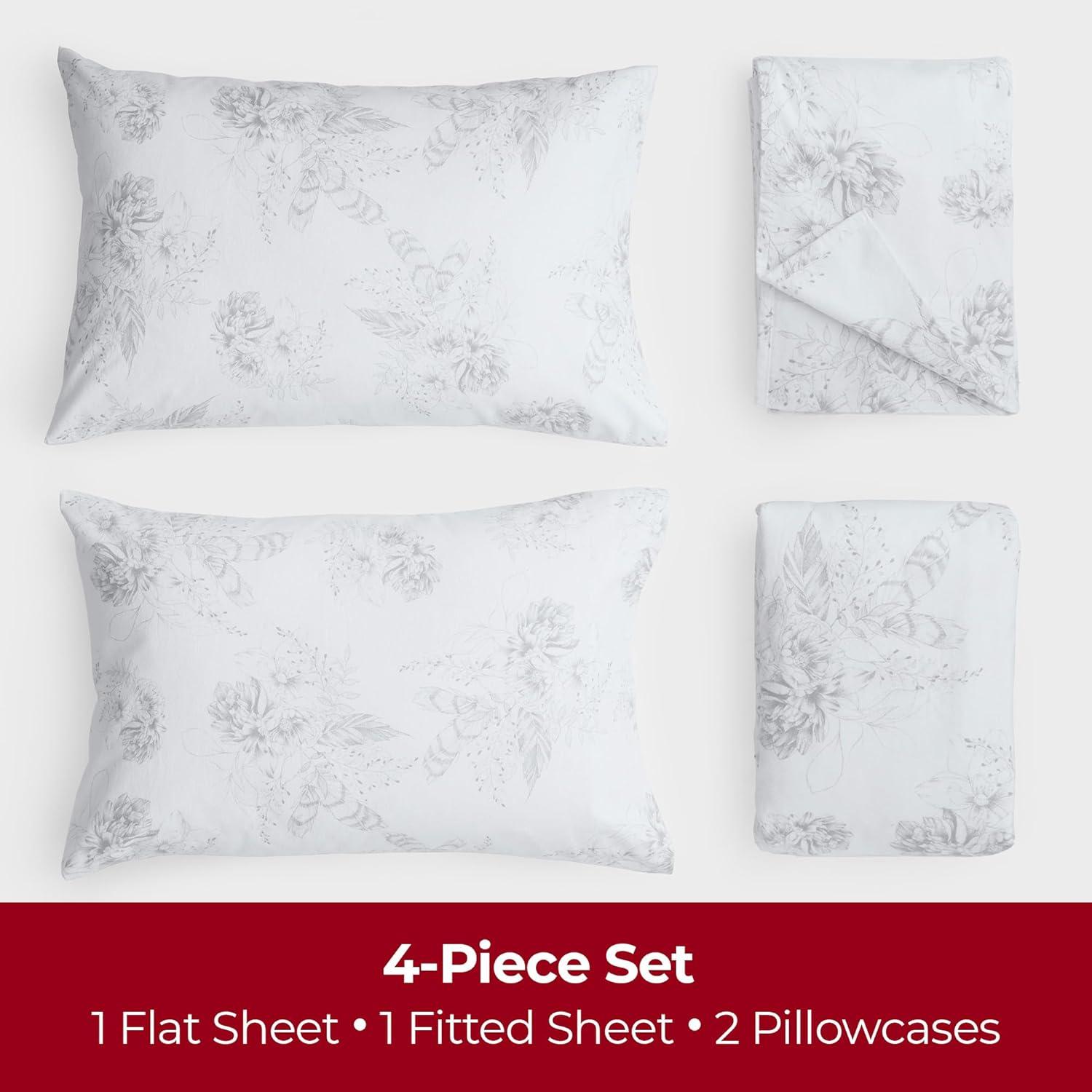 Queen Organic Cotton Flannel Deep Pocket Floral Feathers Sheet Set