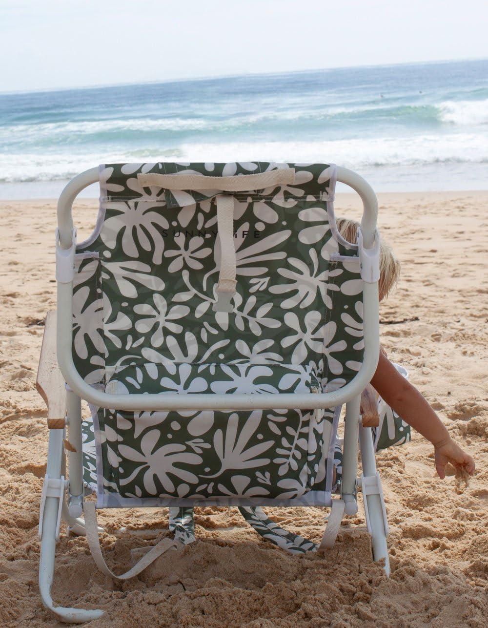 Sunnylife Reclining Beach Chair - The Vacay Olive. Converts from Backpack to Folding seat, with 5 Reclining Positions, Insulated Cooler Pocket and Adjustable Straps for Easy Carrying