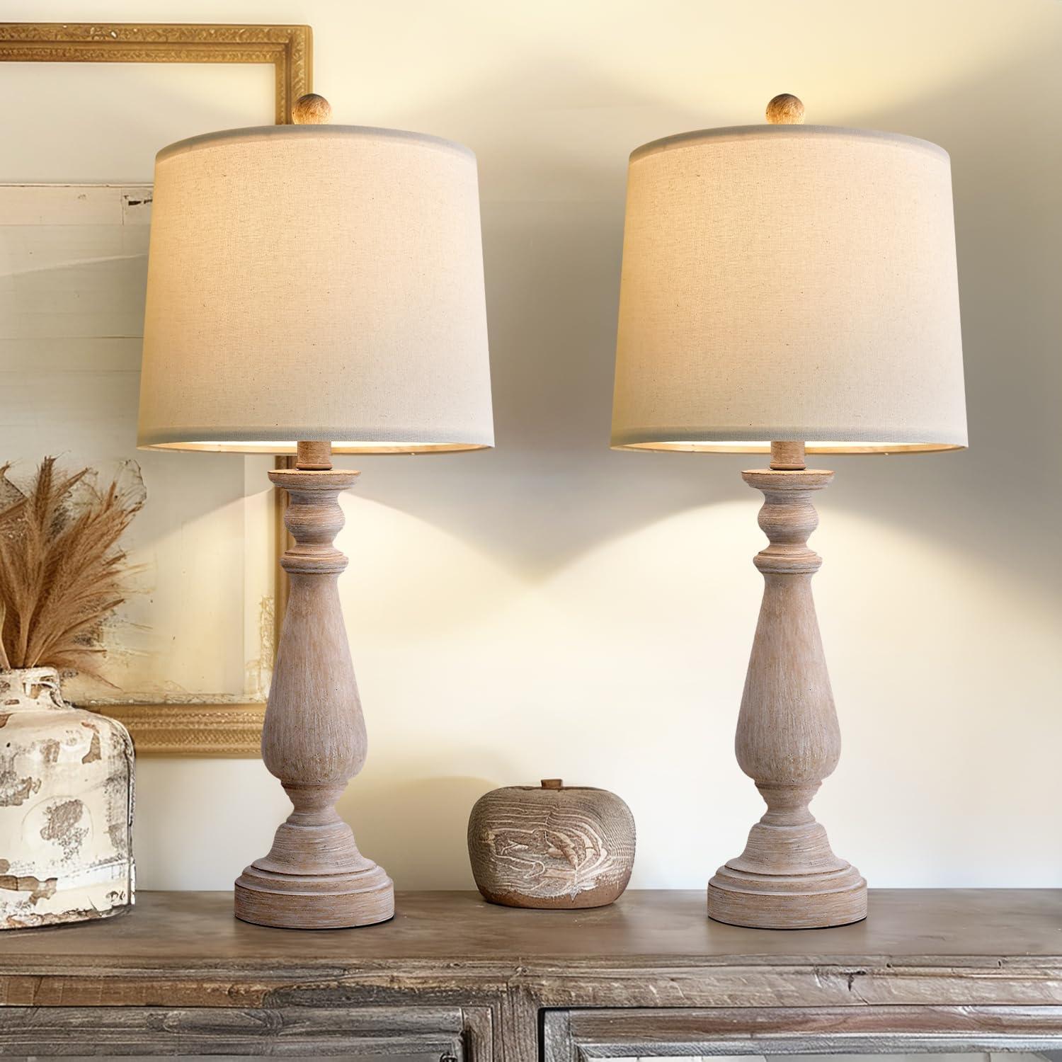 24.5" Mid Century Table Lamp Set Of 2 For Living Room Farmhouse Linen Bedside Lamps For Bedroom Kids Room Dorm Office Rustic Lamps For End Table Nigntstand Resin