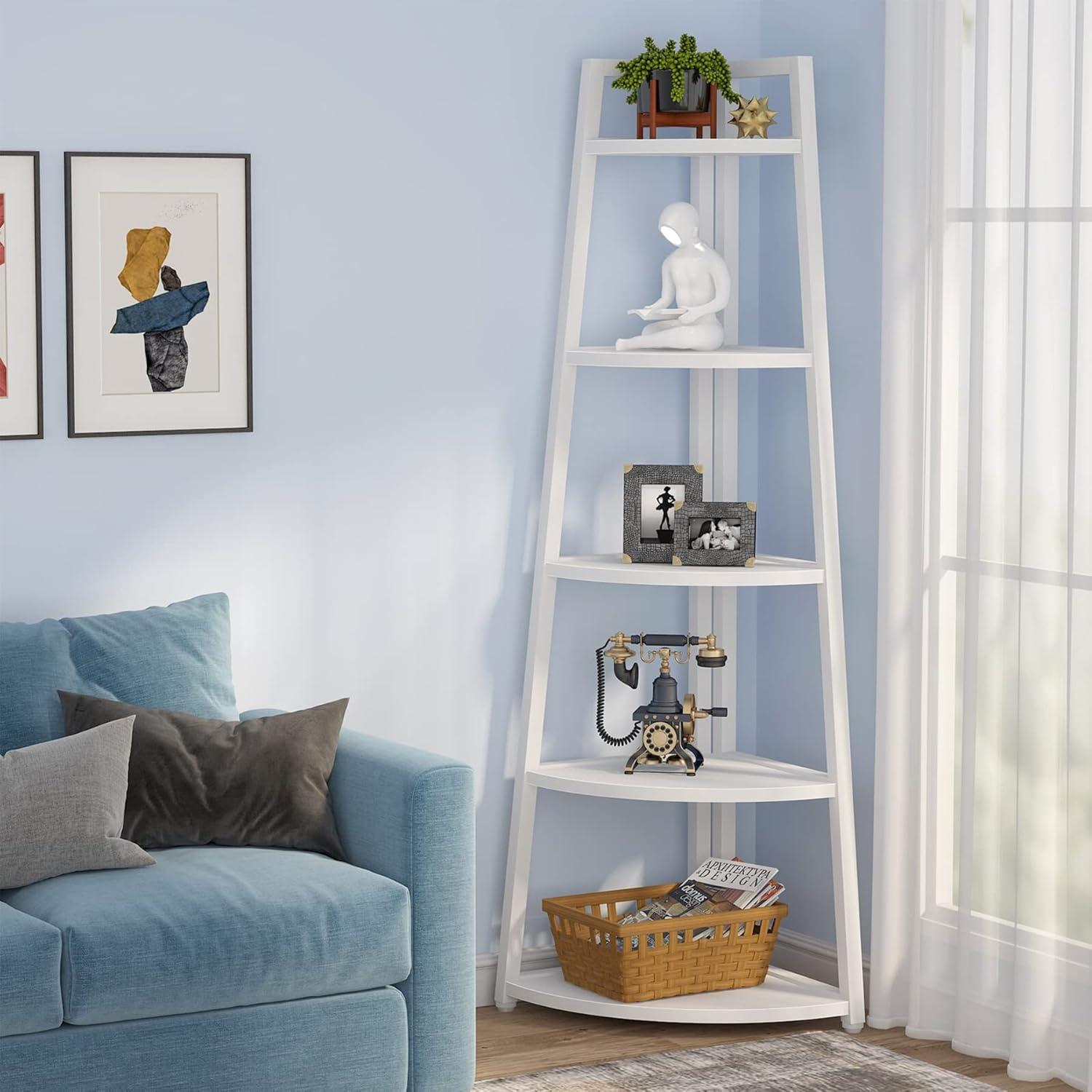 White 70" 5-Tier Corner Ladder Bookshelf with Metal Frame