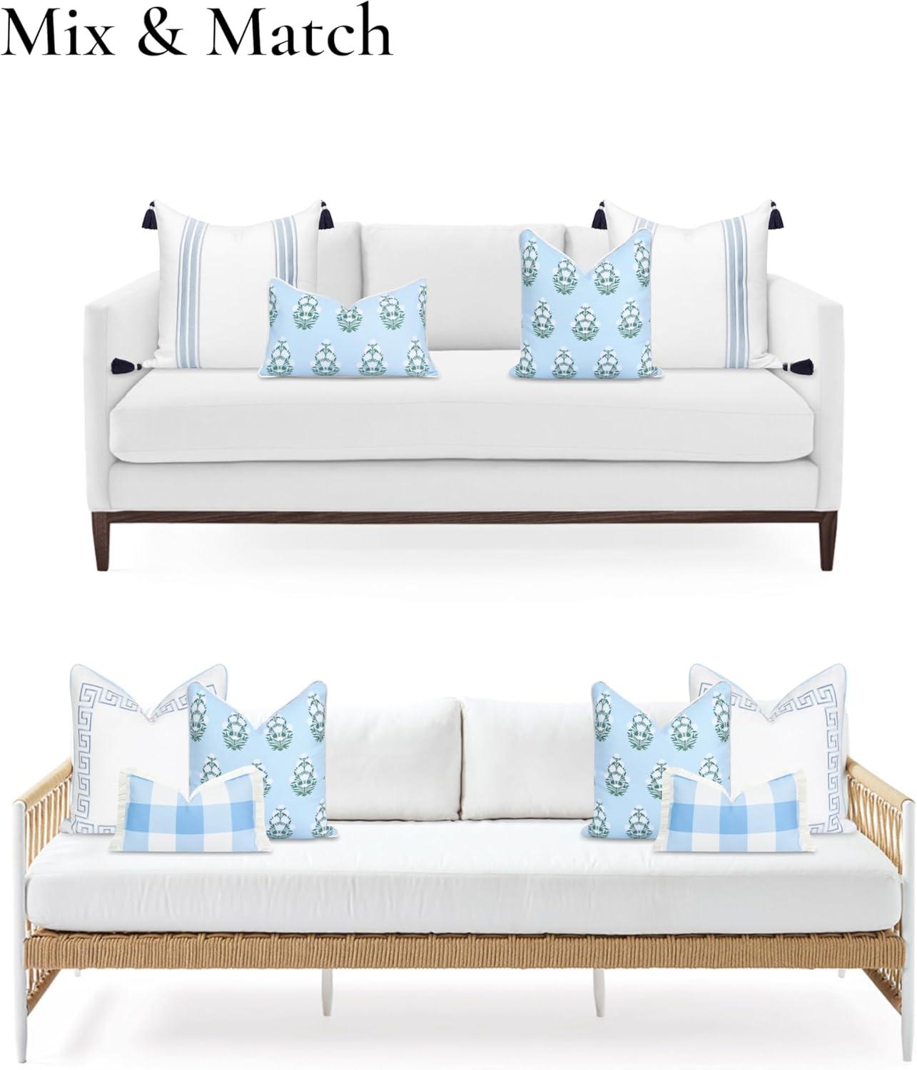 Hofdeco Premium Coastal Patio Indoor Outdoor Throw Pillow Cover Only, 18"x18" Water Repellent for Backyard, Couch, Baby Blue White Green Floral with Piping