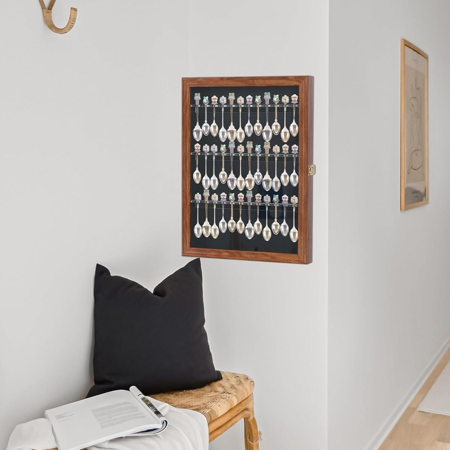 Walnut Finish Solid Wood Spoon Display Case with Glass Door