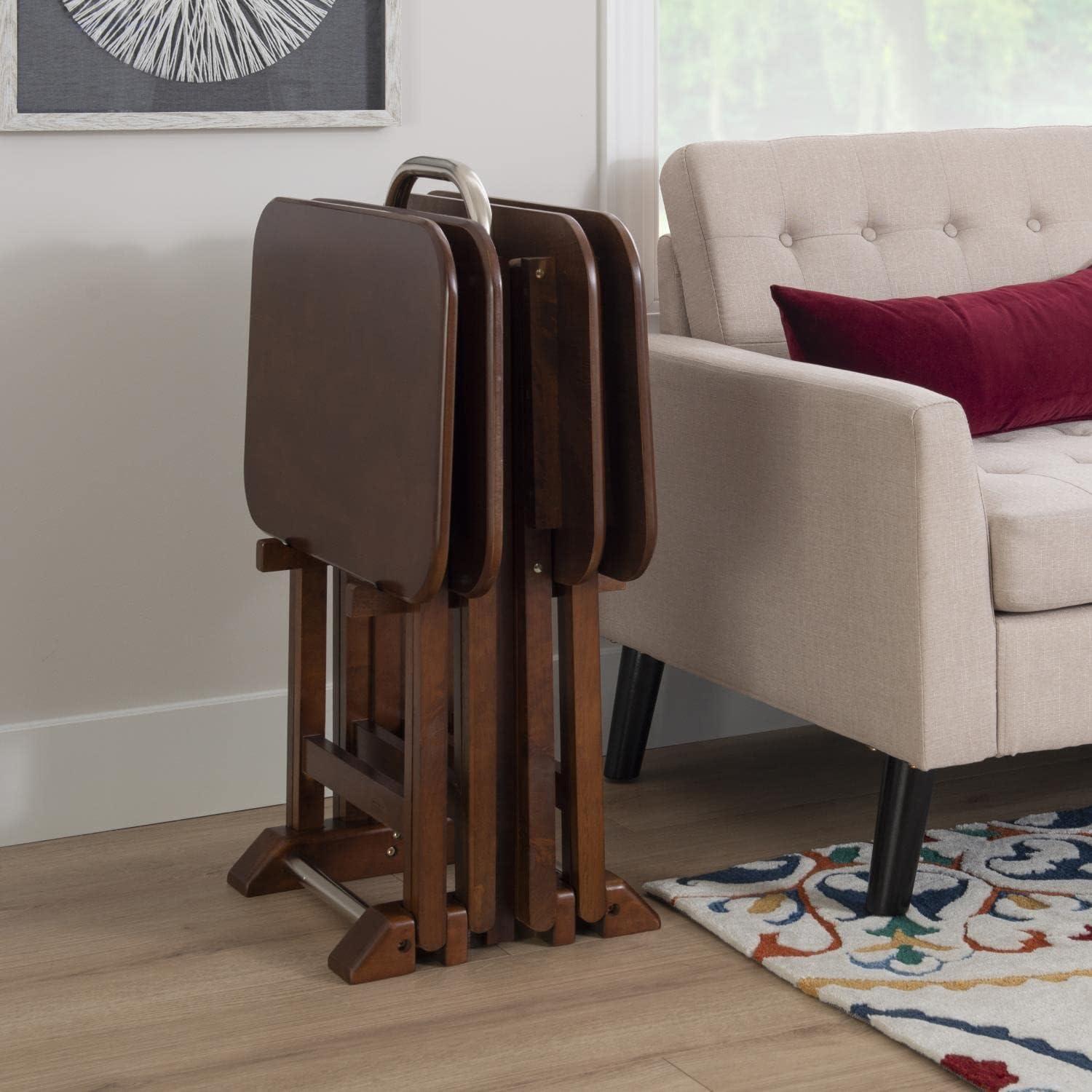 Linon Burke Wood 5 Piece Oversized Tray Table Set Chrome Handle in Dark Cherry