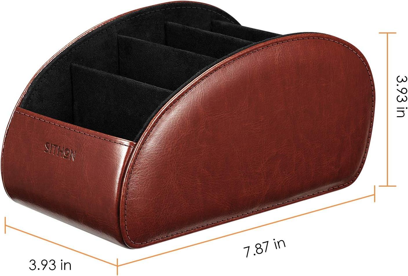 SITHON Remote Control Holder with 5 Compartments - PU Leather Remote Caddy Desktop Organizer, Brown