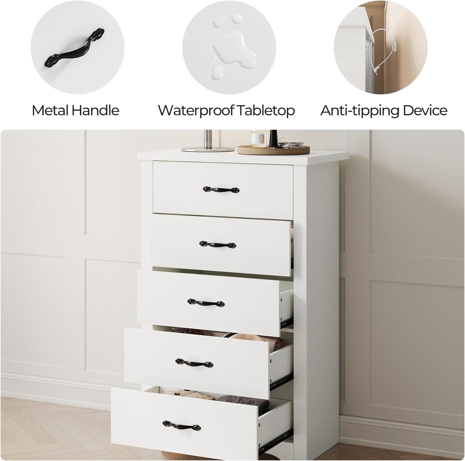 Yartaka Dresser for Bedroom with 5 Drawers, Tall Wood Drawer Dresser Chest of Drawers for Closet, Living Room, Hallway, Nursery, Kids Bedroom, White