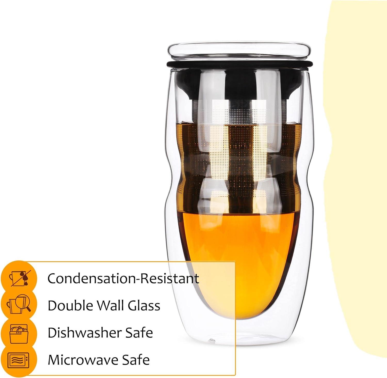 Clear Double Wall Glass Tea Cup with Stainless Steel Infuser, 16oz