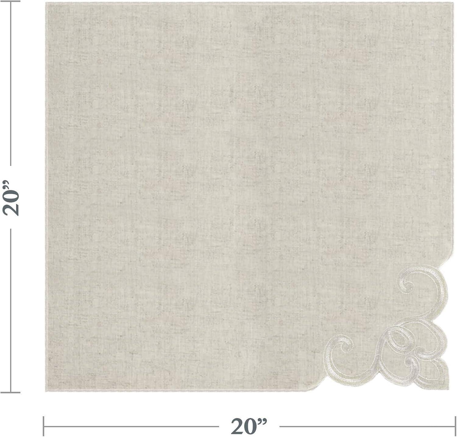 Saro Lifestyle Embroidered Flourish Scallop Design Casual Linen Blend Napkin - Set of 4, 20", Beige