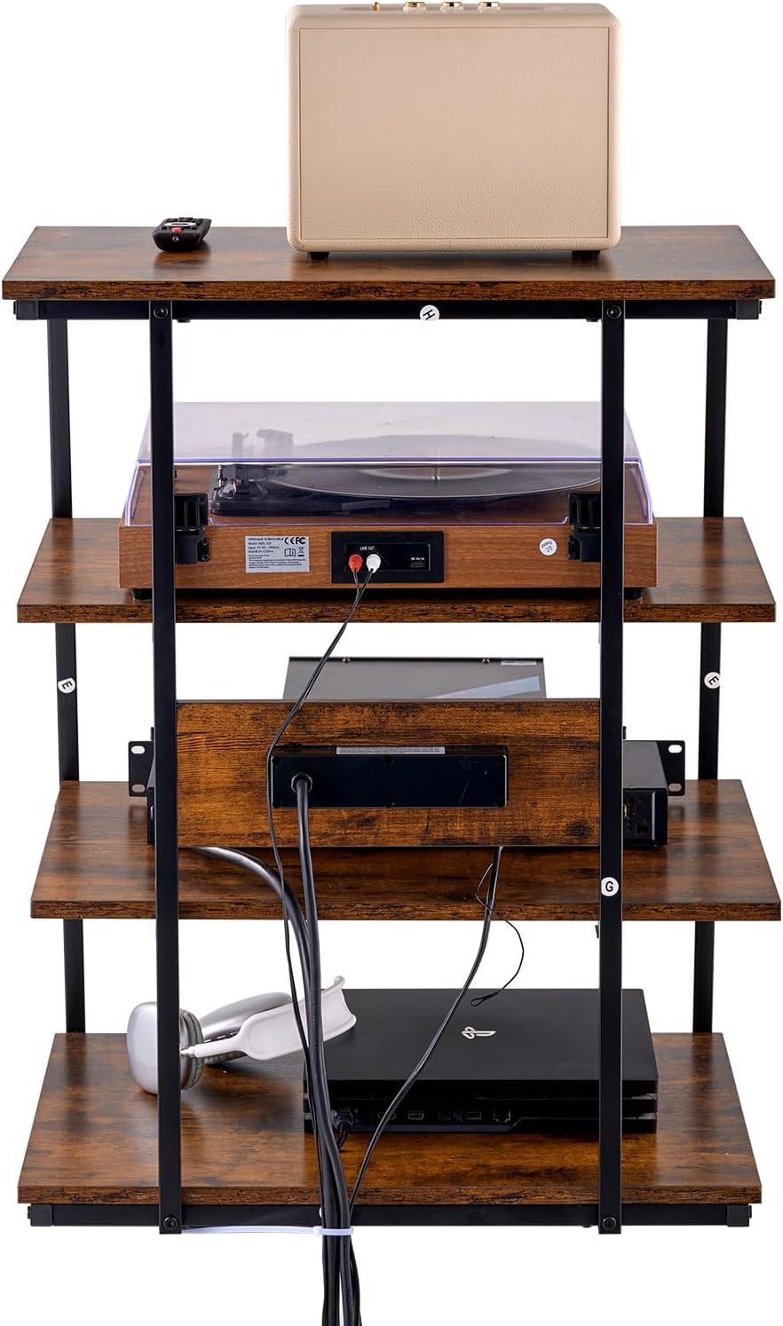 VEVOR 4-Tier AV Media Stand with Power Strips, Corner TV Stand with LED Lights, Height Adjustable Wooden Shelves