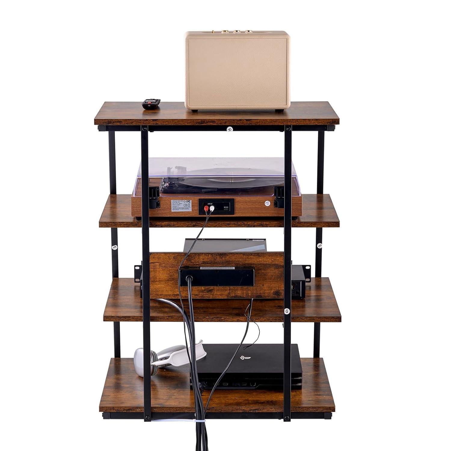 VEVOR 4-Tier AV Media Stand with Power Strips, Corner TV Stand with LED Lights, Height Adjustable Wooden Shelves