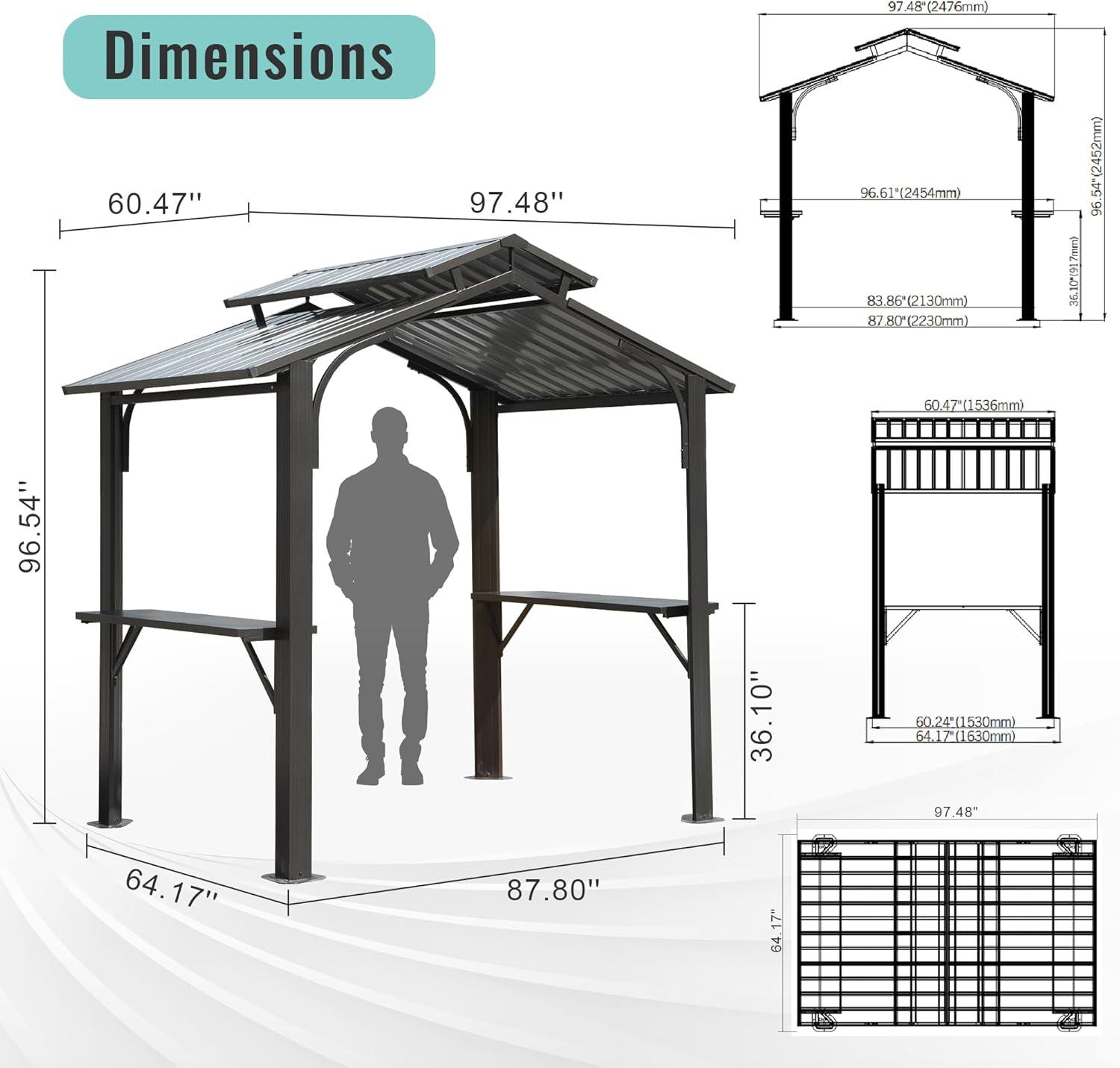 Domi 8x5FT Gray Steel Hardtop Grill Gazebo with Shelves