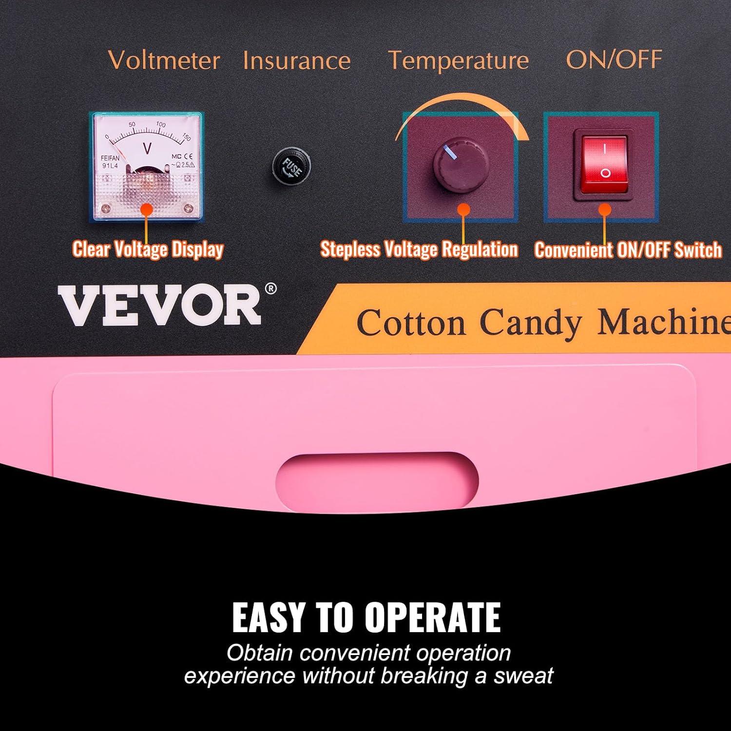 VEVOR Electric Cotton Candy Machine with Cart, 1000W Commercial Floss Maker with Stainless Steel Bowl, Sugar Scoop and Drawer, Pink