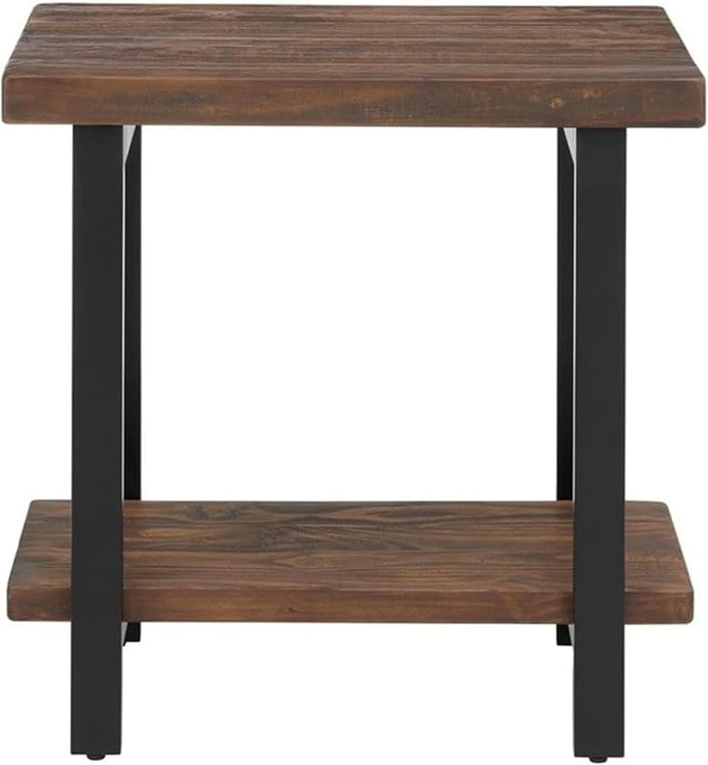 Pomona Solid Wood and Metal End Table with Shelf - Alaterre Furniture: Rustic Design, Fixed Shelf, Rectangle Shape