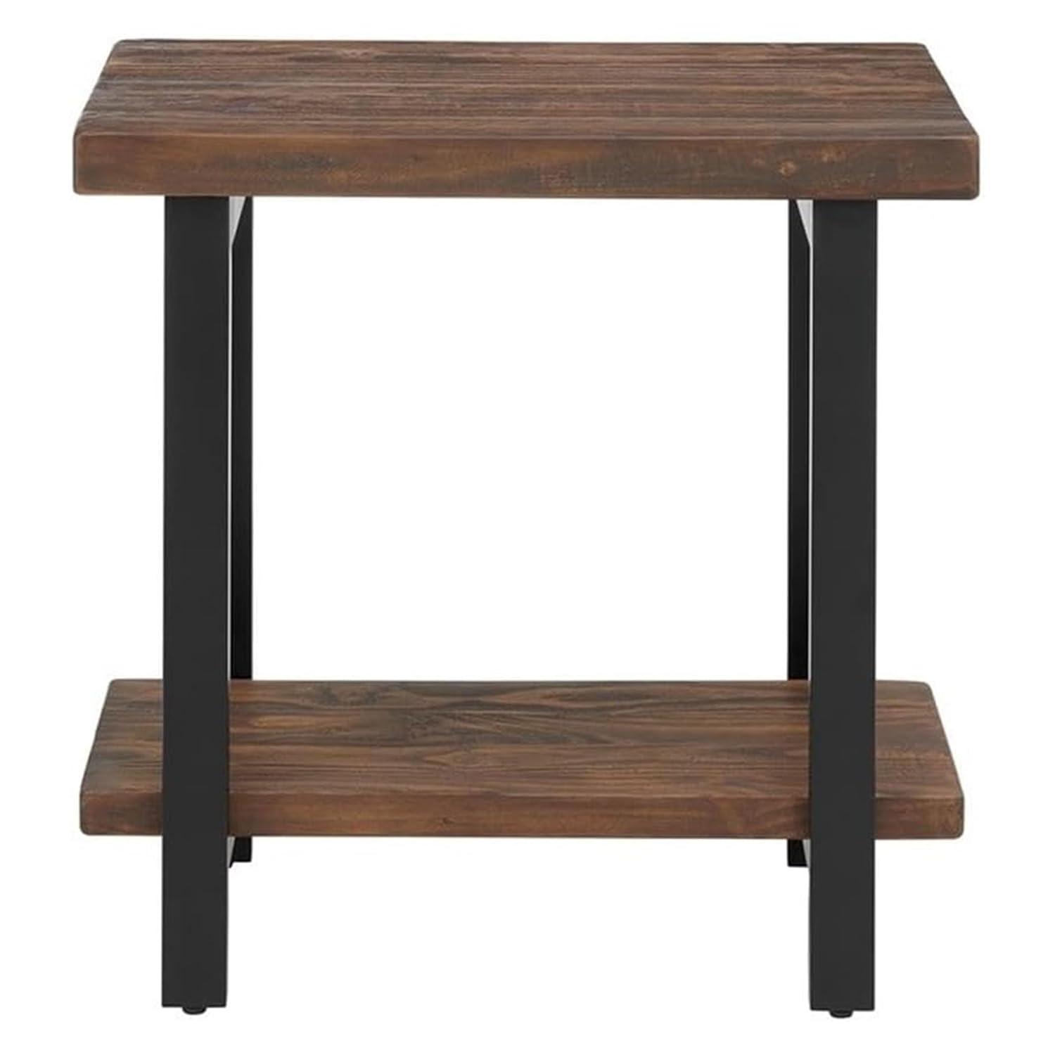 Pomona Solid Wood and Metal End Table with Shelf - Alaterre Furniture: Rustic Design, Fixed Shelf, Rectangle Shape