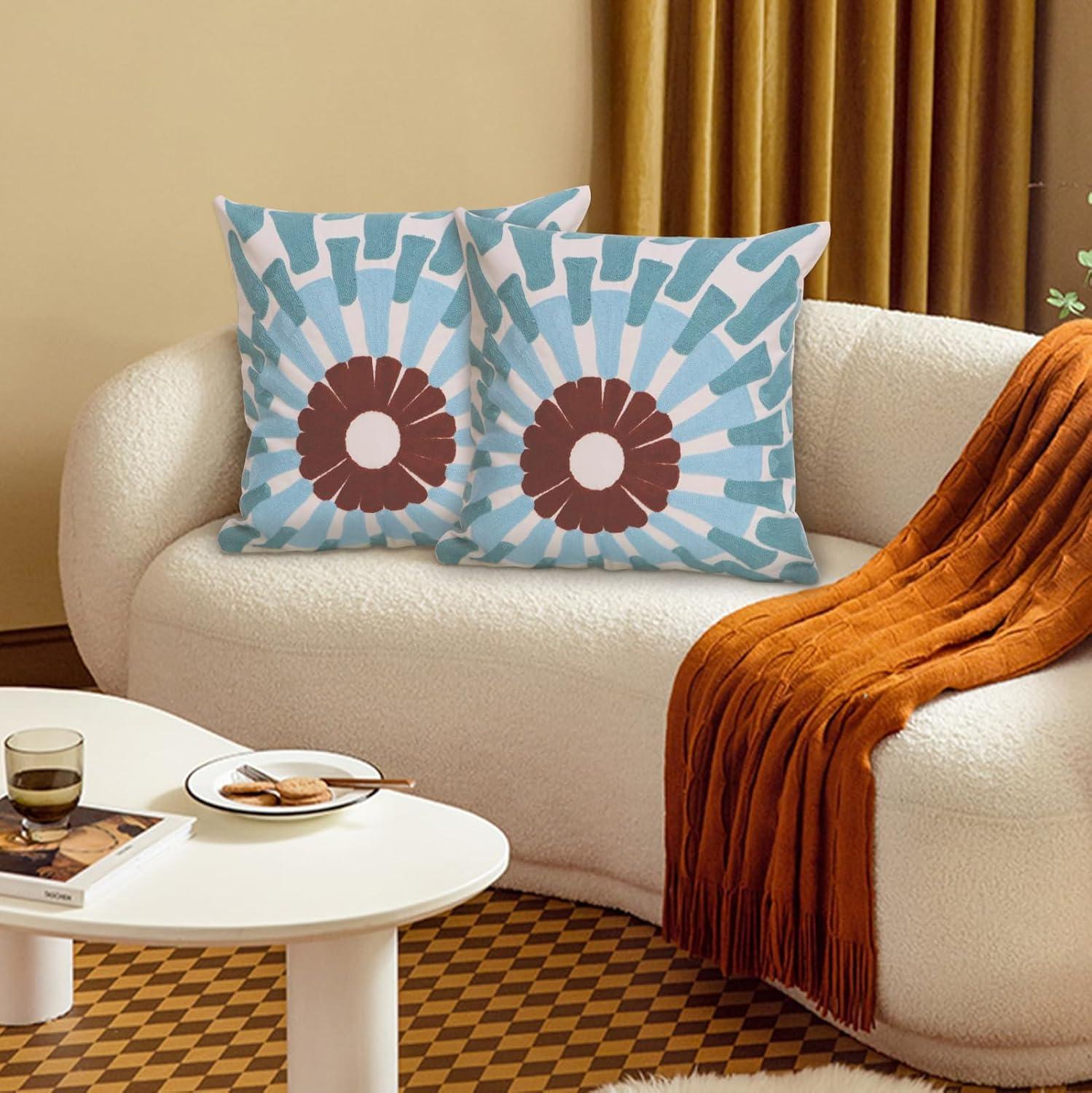 2 PCS Embroidered Throw Pillow Cover Cotton Decorative Square Cushion Cases for Home Sofa Bed and Chair 18 x 18 Inch (Blue Flower-2)