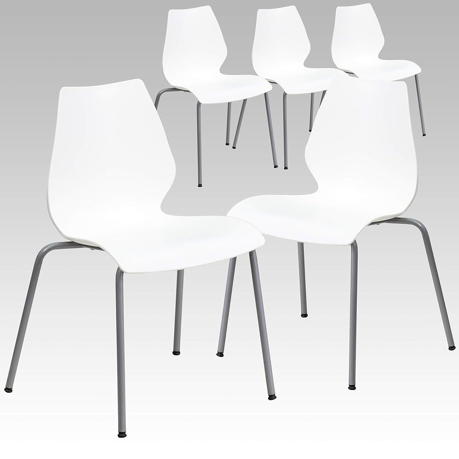 Flash Furniture Hercules Series Modern Plastic Stacking Event/Waiting Room Chairs, Ergonomic Lobby Chairs with Contoured Seats, Set of 5, White/Silver