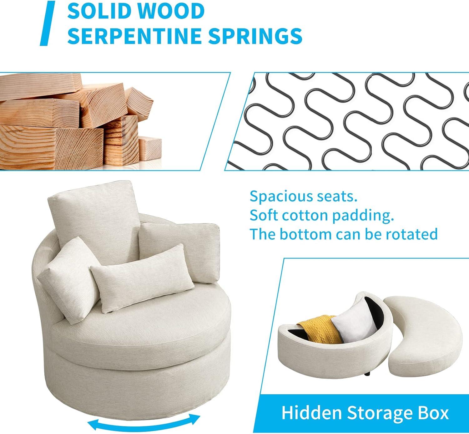 Beige Linen Swivel Barrel Chair with Storage Ottoman