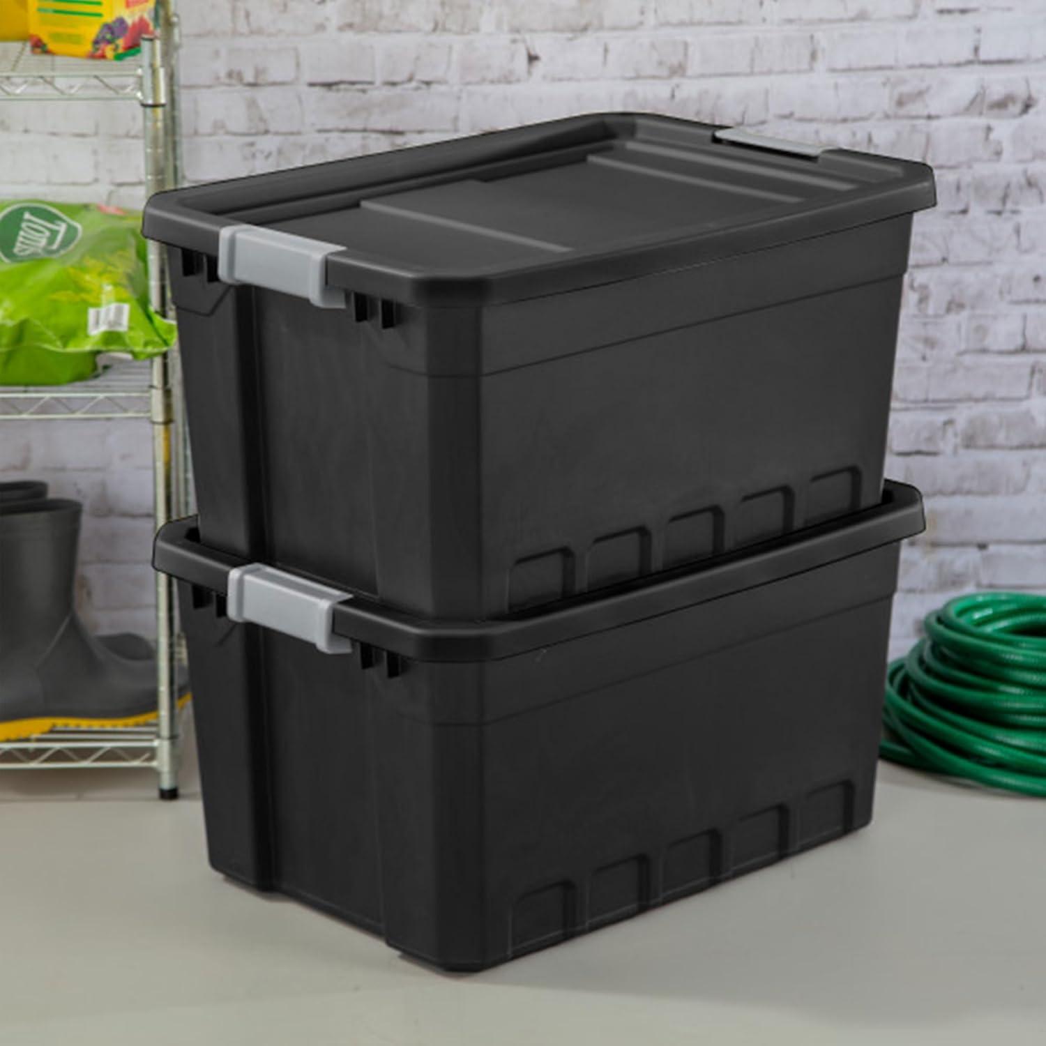 Sterilite 19 Gallon Plastic Stacker Tote, Heavy Duty Lidded Storage Bin Container for Stackable Garage and Basement Organization, Black, 12-Pack