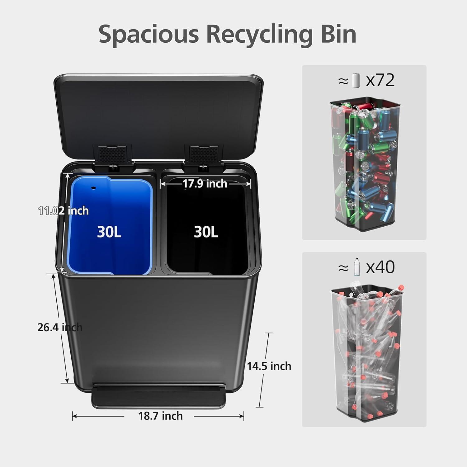 GarveeHome 60L/16 Gal Kitchen Trash Can,2×8 Gal Pedal Trash Bin with Removable Baskets,Stainless Steel Garbage Can for Kitchen Office Restaurant School Hospital