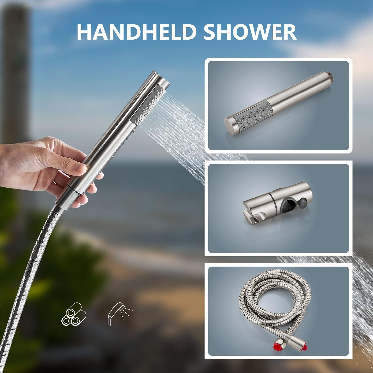 Aolemi Wall Mount Outdoor Shower Kit,Outdoor Shower Fixtures Faucet System with Handheld Spray,Double Handle 6 Inch Center Exposed Shower with Shower Head Polish Chrome