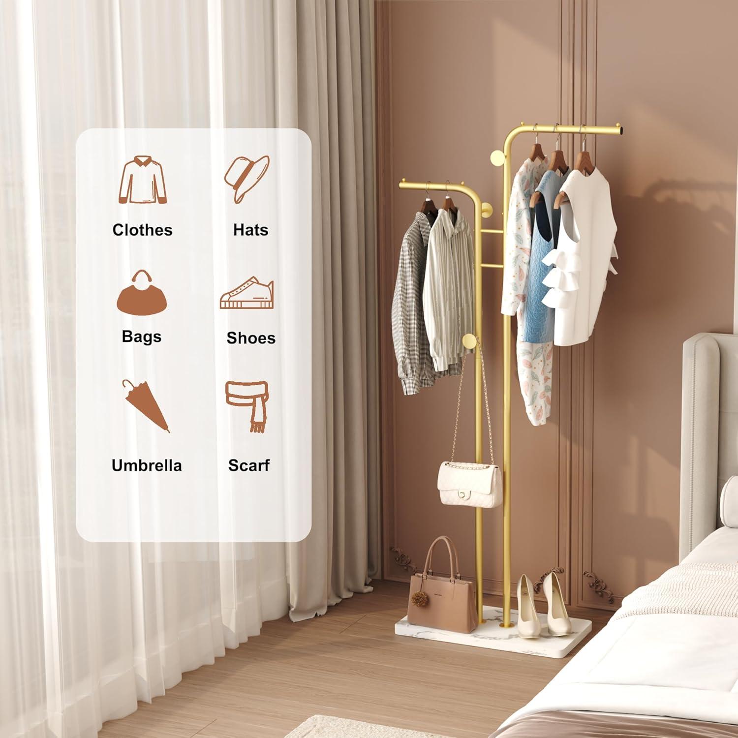 Gold Freestanding Metal Coat Rack with Marble Base and 5 Hooks