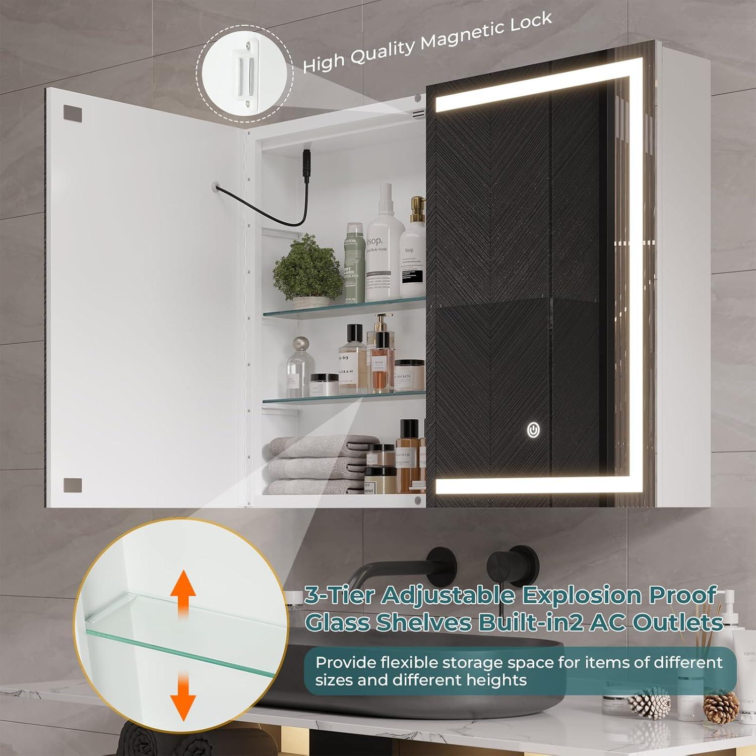 DICTAC Bathroom Medicine Cabinet with Mirror and LED Light, Wall Mounted Bathroom Mirror with Storage, 2 Doors Bathroom Wall Cabinet, Memory Dimmable 3 Color Temp, Adjustable Shelves, 31.5''x23.6''