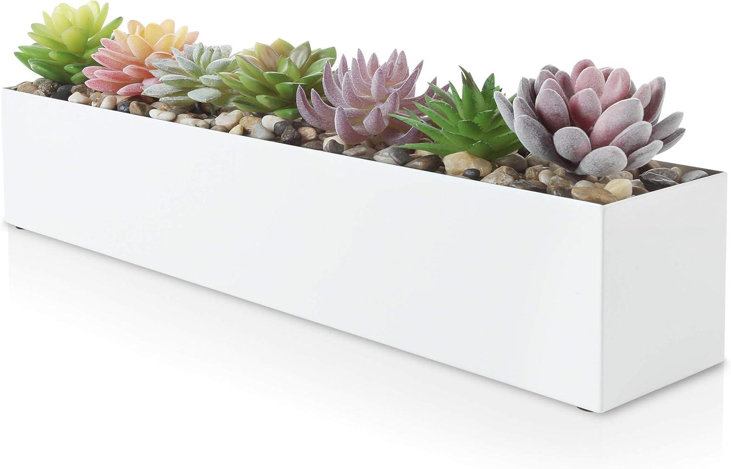 16" Window Box Rectangular Succulent Planting Box Metal Table Sill Planter Pots Modern Long Durable for Small Herb with Drainage Hole for Indoor Outdoor, with 4 Free Rubber Mats, White