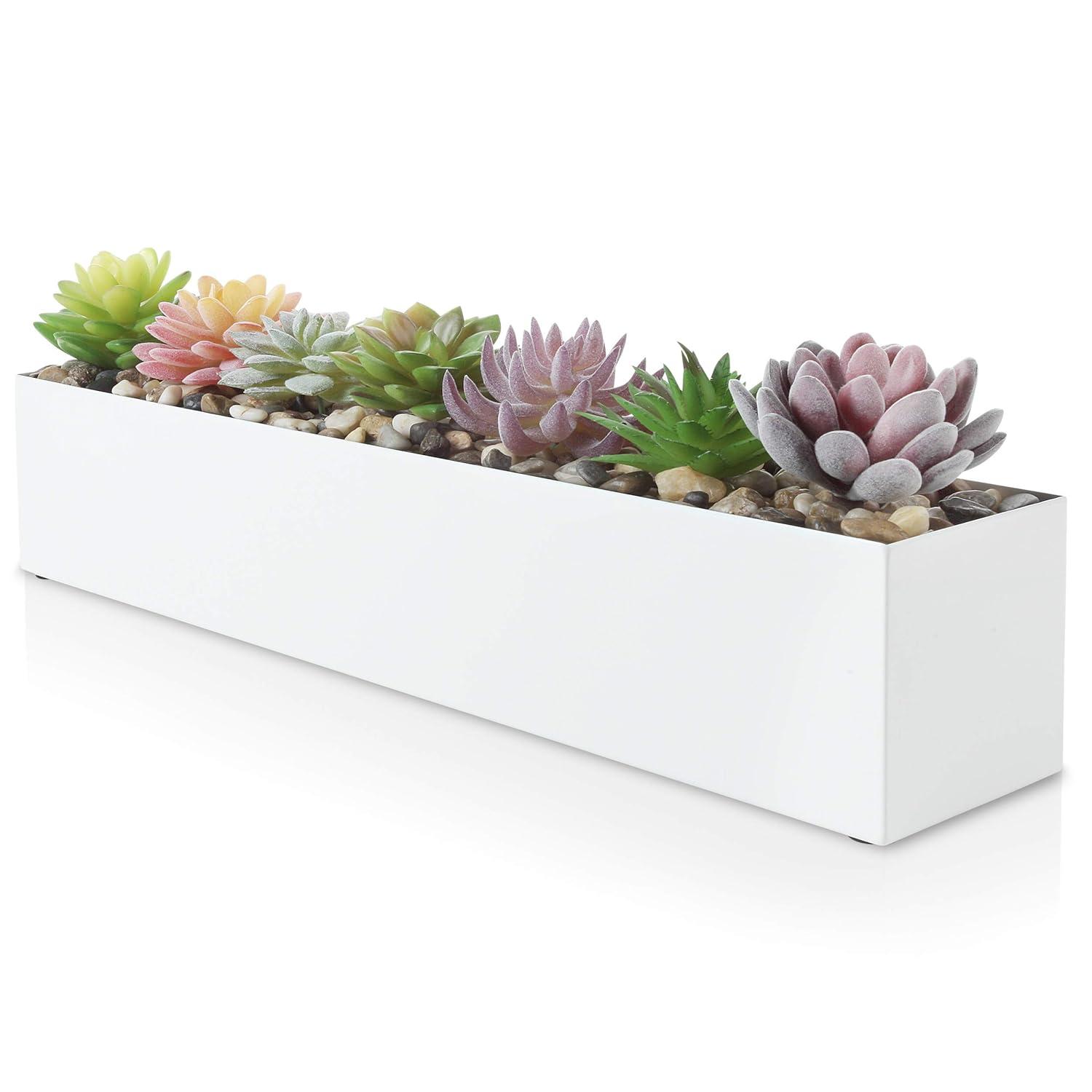16" Window Box Rectangular Succulent Planting Box Metal Table Sill Planter Pots Modern Long Durable for Small Herb with Drainage Hole for Indoor Outdoor, with 4 Free Rubber Mats, White