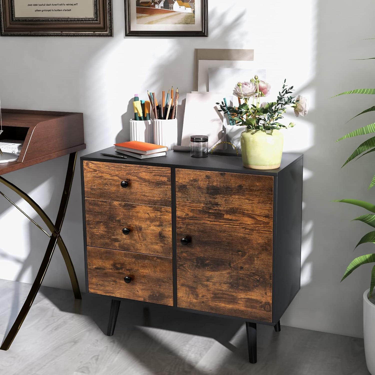 Storage Cabinet with 3 Drawers and Door Cabinet, Industrial Wood Accent Cabinet with Adjustable Shelf,Farmhouse Sideboard Buffet Cabinet for Kitchen Living Room (Industrial)