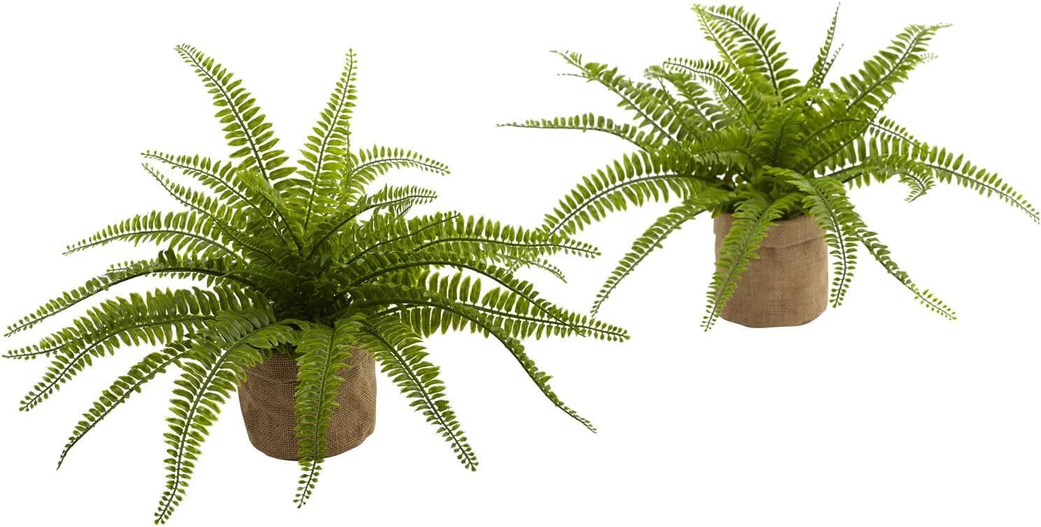 Nearly Natural 6814-S2 15in. Boston Fern with Burlap Planter (Set of 2) Silk Plants Green