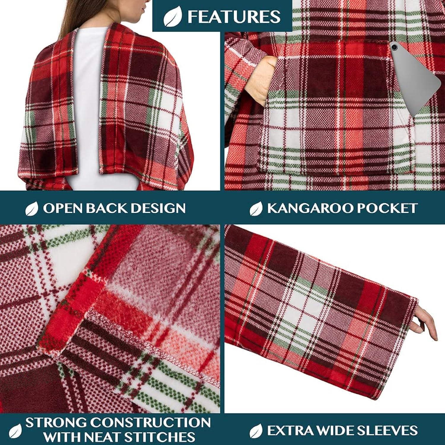 PAVILIA Premium Fleece Blanket with Sleeves for Women Men Adult, Wearable Blanket Warm Cozy, Super Soft Sleeved Throw with Arm, Gift for Women Mom Wife (Christmas Plaid, Kangaroo Pocket)