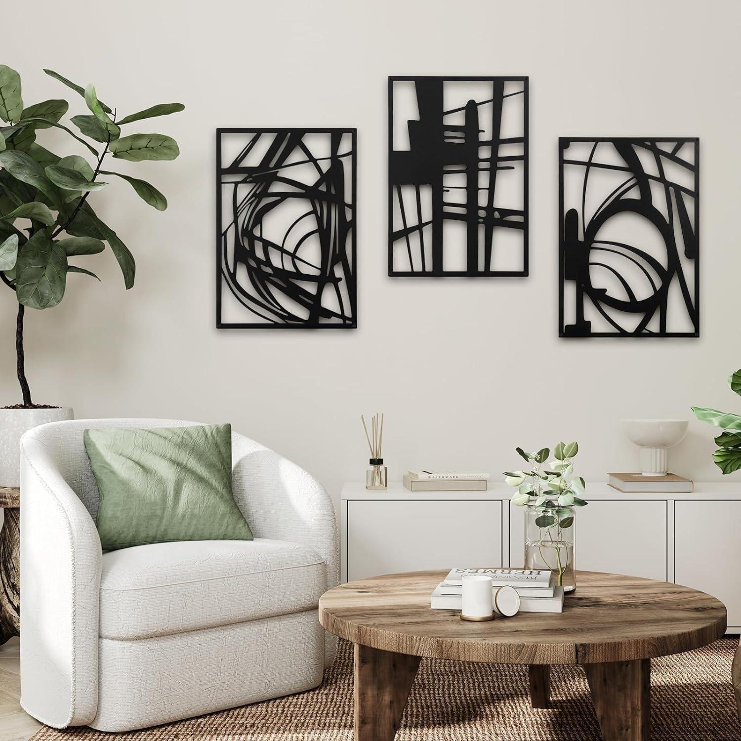 WINUSD 4Pcs Abstract Black Metal Wall Art, 3D Textured Metal Wall Decor, Modern Hollow Out Design Metal Wall Sculptures, Minimalist Line Art Home Decor for Living Rooms Offices Restaurants(16 x 11)