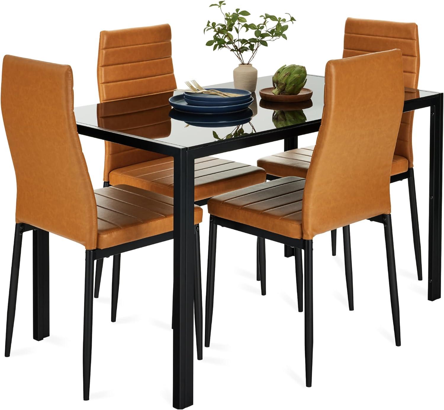 Hekimhan 5-Piece Kitchen Dining Table Set w/ Glass Tabletop, 4 Faux Leather Chairs