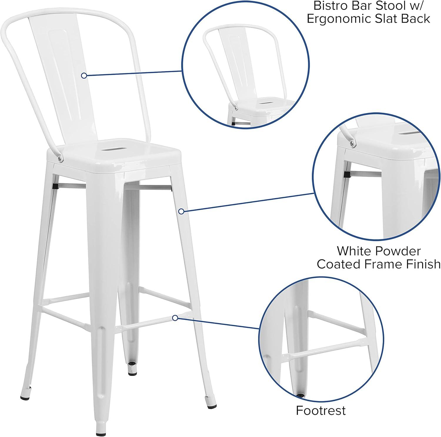 Merrick Lane White 30" High Metal Bar Height Stool with Removable Back for Indoor-Outdoor Use