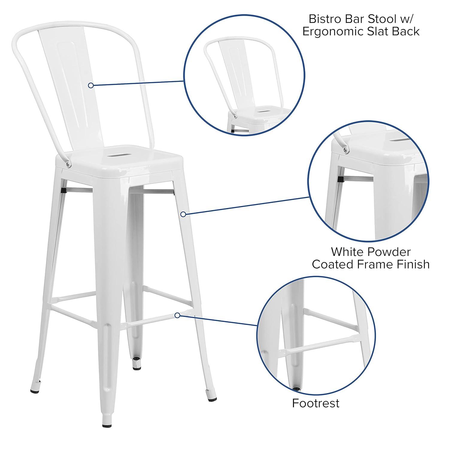 Merrick Lane White 30" High Metal Bar Height Stool with Removable Back for Indoor-Outdoor Use