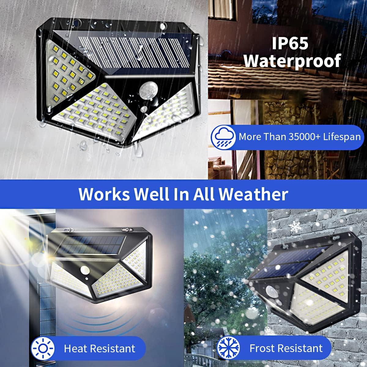 Outdoor Solar Light 2 Pack 100 LED 3 Motion Sensor Working Modes 270° Lighting Angle Upgraded Solar Powered Wall Light Security Lights