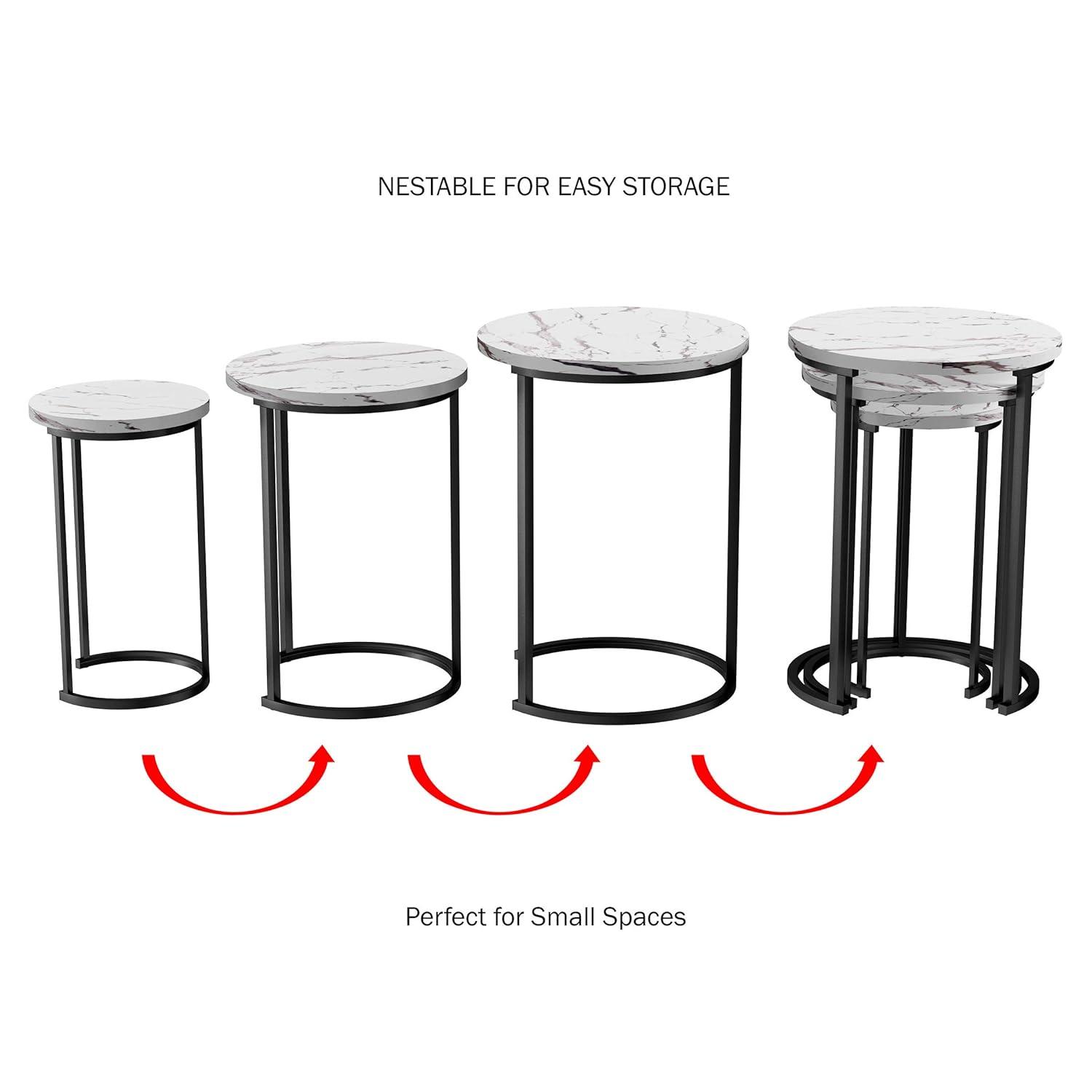 Set of 3 White Faux Marble and Black Metal Round Nesting Tables