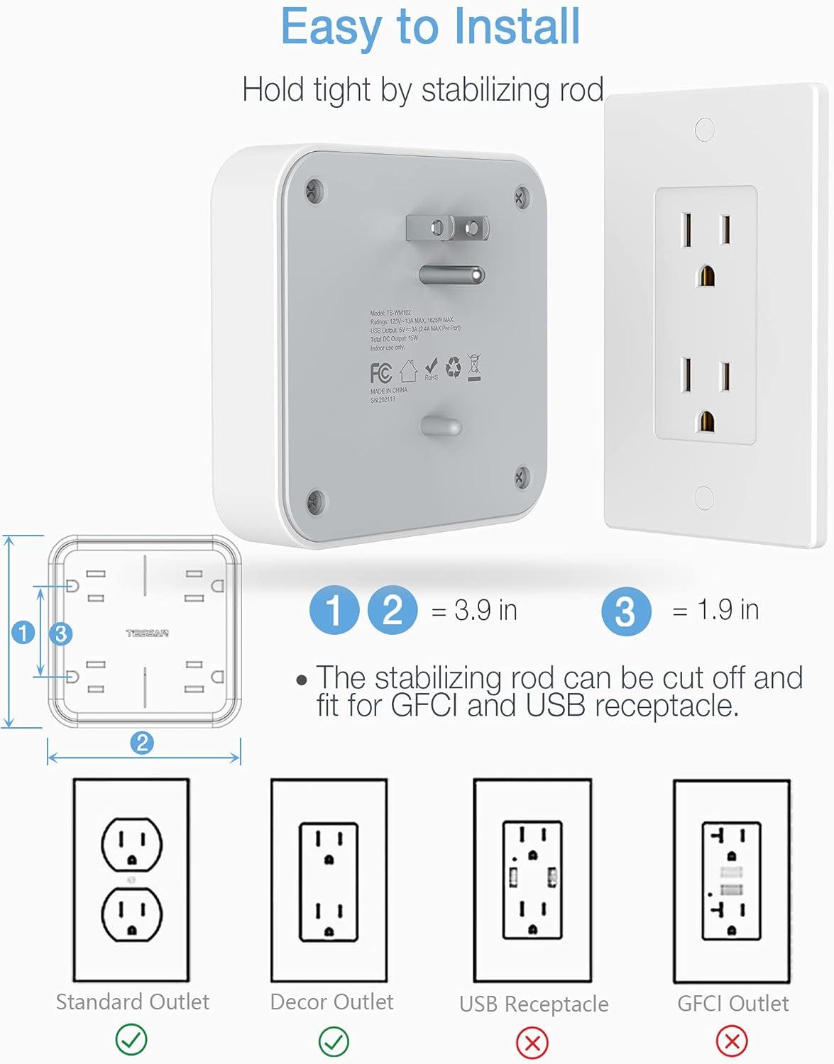 Multi Plug Outlet Extender with USB, TESSAN Surge Protector Splitter 3 USB Wall Charger, Multiple Expander for Travel, Home, College Dorm Room