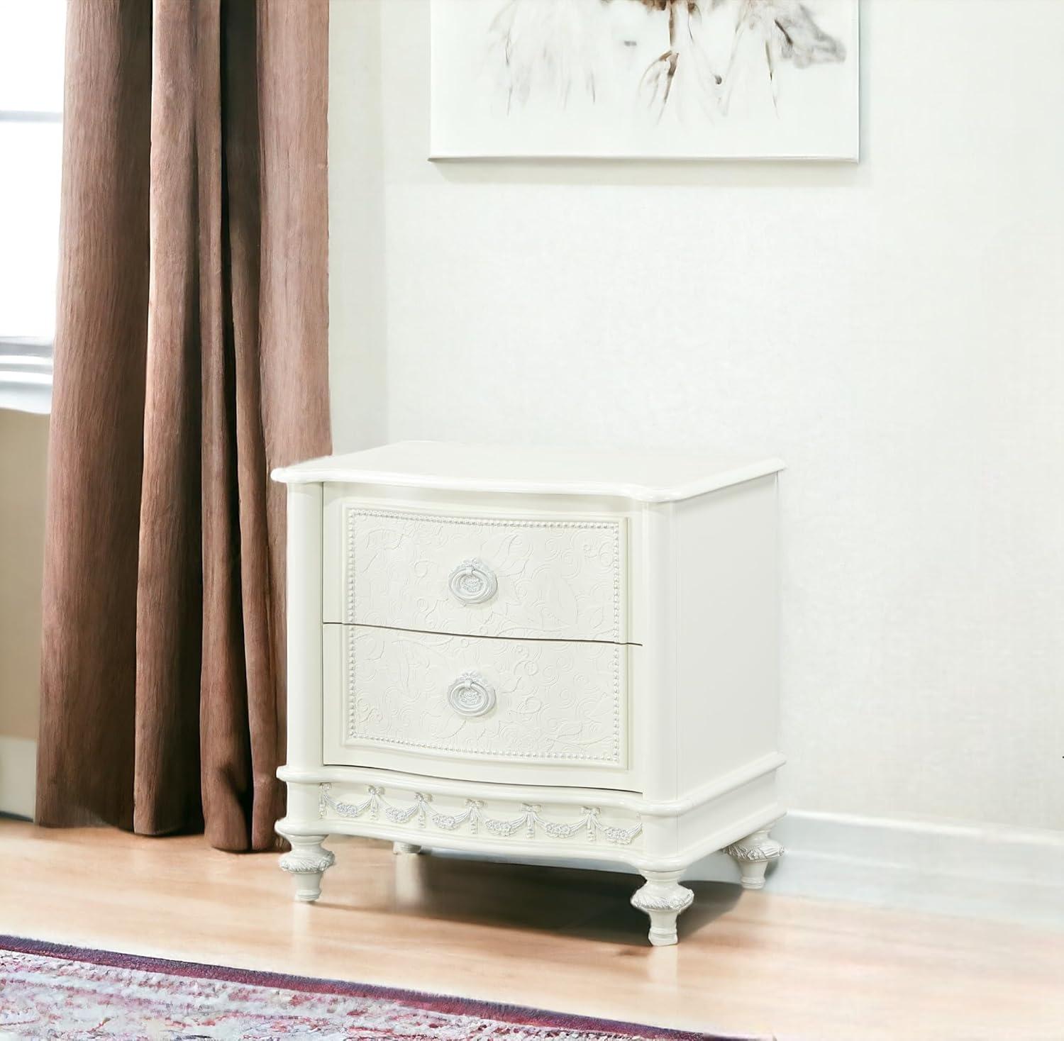 Ivory Pine Wood Nightstand with 2 Drawers and Floral Details