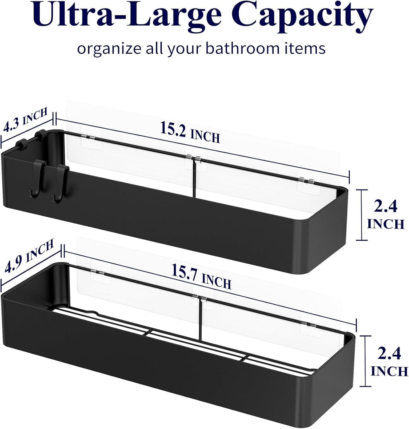 Kitsure X-Large Shower Caddy - 2 Pack Adhesive Shower Organizer, Rustproof Metal Shelves, No-Drill Bathroom Organizers and Storage, Black