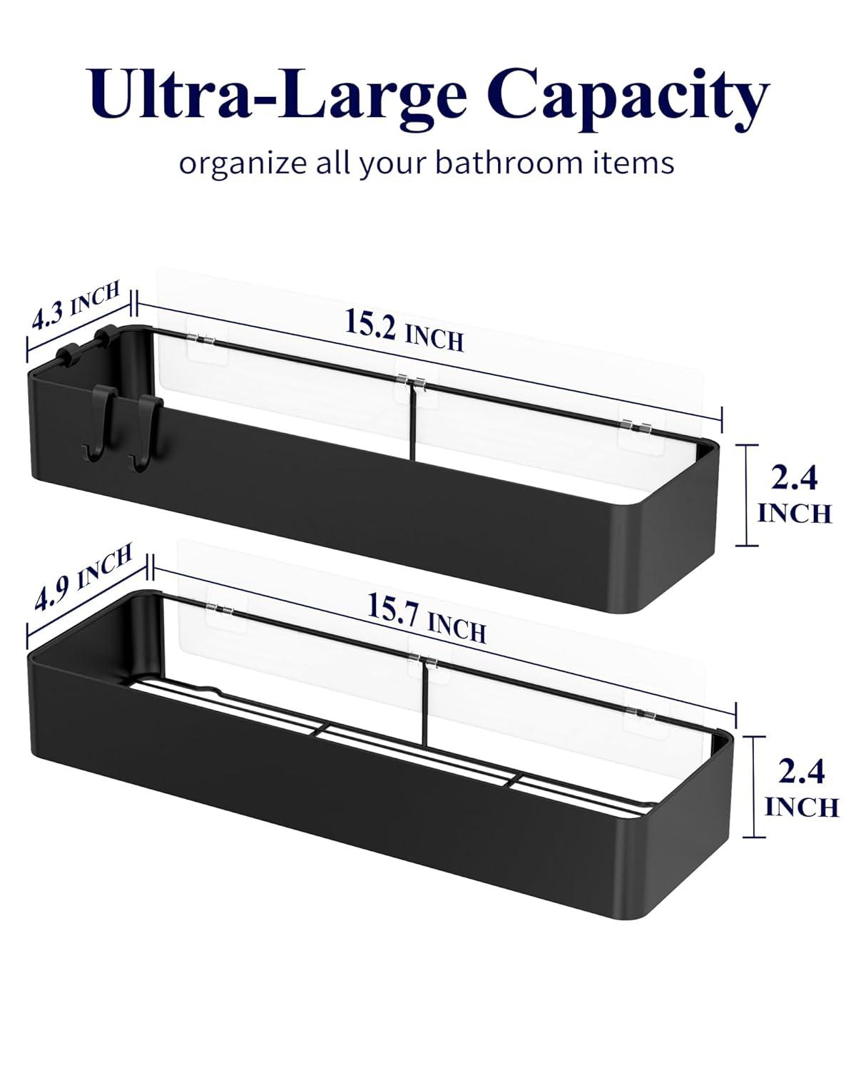 Kitsure X-Large Shower Caddy - 2 Pack Adhesive Shower Organizer, Rustproof Metal Shelves, No-Drill Bathroom Organizers and Storage, Black